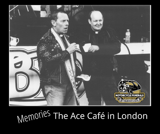 The late Rev. Paul with his Friend Father Scoth, hanging out with fellow bikers at the Ace Cafe London Ltd They blessed everyone there with laughter and sharing stories. 